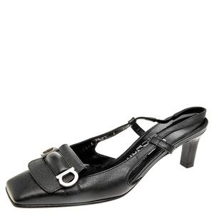 Salvatore Ferragamo Black Leather Slingback Mid Heel Pumps